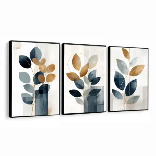 kit 3 quadro decorativo galhos folhas coloridas gold luxo decor sala escritório com molduras
