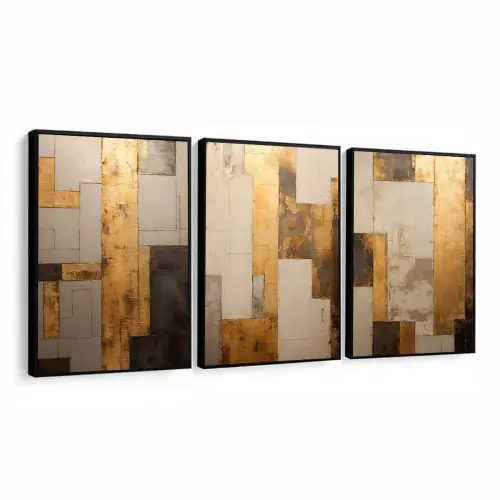 kit 3 quadro decorativo abstrato laranja cinza gold luxo decor sala escritório com molduras