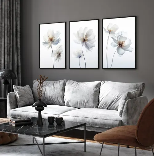 kit 3 quadro decorativo flores claras folhas tons claros com preto decor casa sala quarto  molduras