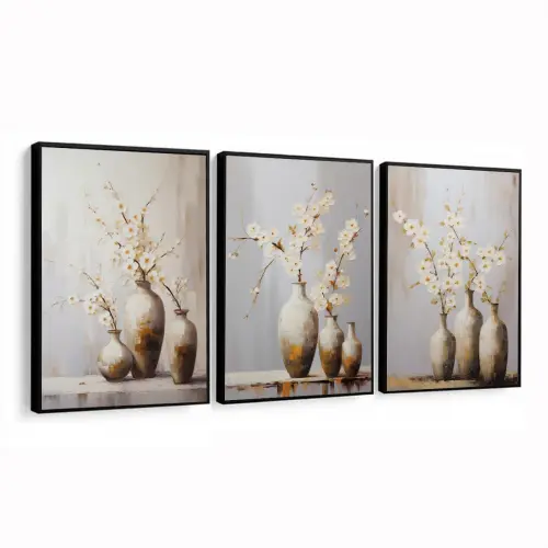 kit 3 quadro decorativo vaso de flores claras folhas tons claros 