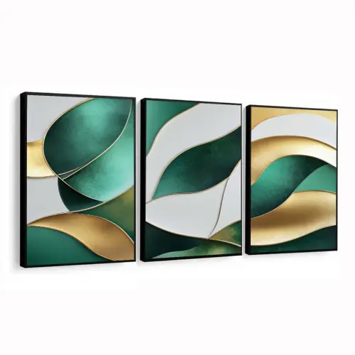 kit 3 quadro decorativo abstrato verde dourado gold luxo sala qua