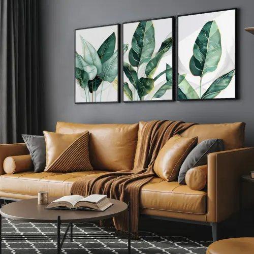 kit 3 quadro decorativo bananeira folhas verdes galhos de bananeira sala quarto decor casa minimalista moldura