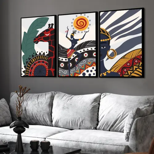 kit 3 quadro decorativo abstrato arte moderna africana luxo decor sala escritório com molduras