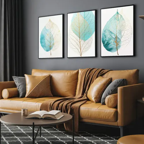 kit 3 quadro decorativo  folhas azuladas verdes galhos trio sala quarto decor casa minimalista moldura