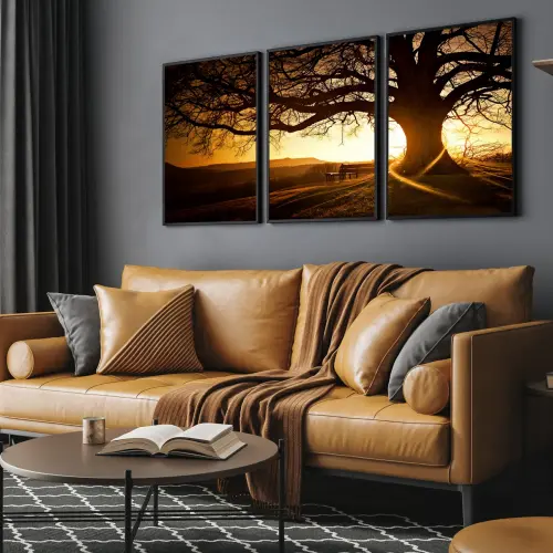 kit 3 quadro decorativo entardecer árvore natureza bosque sítio fazenda casa decor quarto sala com molduras