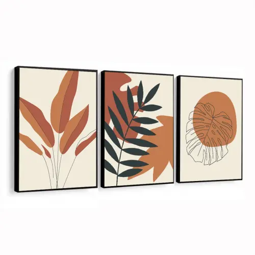 kit 3 quadro decorativo abstrato laranja gold folhas trio bege lu
