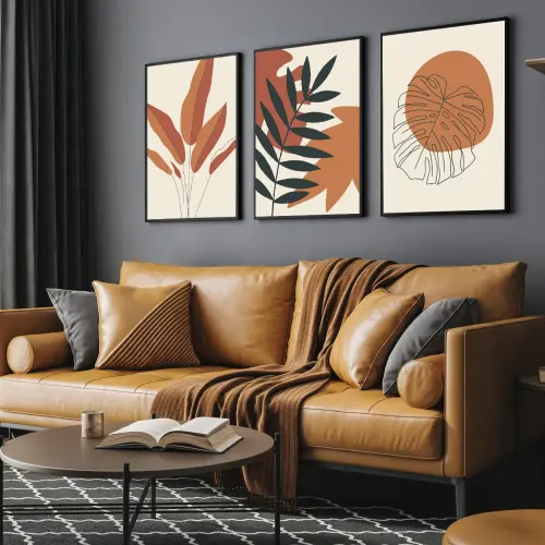 kit 3 quadro decorativo abstrato laranja gold folhas trio bege luxo decor sala escritório com molduras