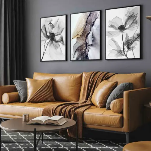kit 3 quadro decorativo flores preto mármore claras folhas decor casa sala quarto  molduras