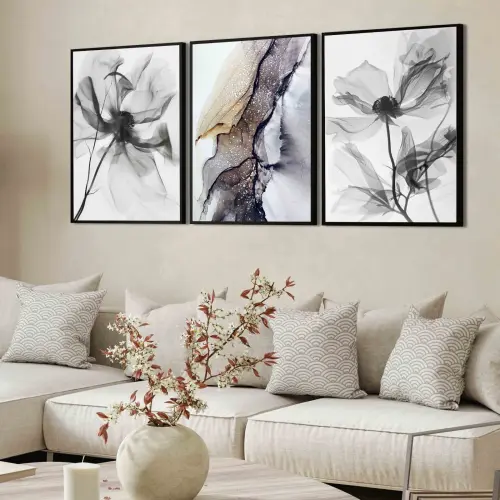 kit 3 quadro decorativo flores preto mármore claras folhas decor