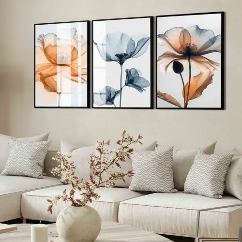 kit 3 quadro decorativo flores laranja colorido gold folhas trio 