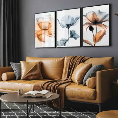 kit 3 quadro decorativo flores laranja colorido gold folhas trio luxo decor sala escritório com molduras