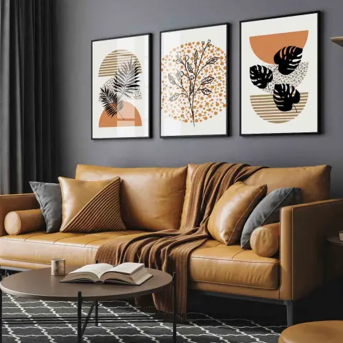 kit 3 quadro decorativo abstrato folhas tons terrosos sala decor casa com molduras