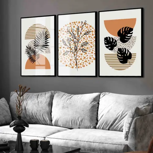 kit 3 quadro decorativo abstrato folhas tons terrosos sala decor 