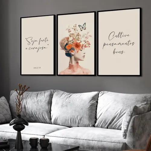 kit 3 quadro decorativo mulher florida colorido gold folhas trio luxo decor sala escritório com molduras