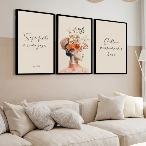 kit 3 quadro decorativo mulher florida colorido gold folhas trio 