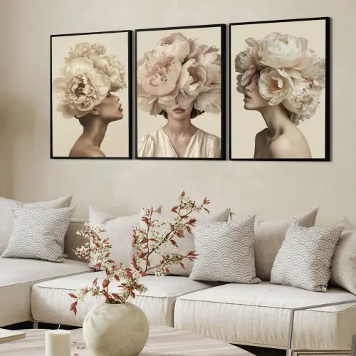 kit 3 quadro decorativo mulheres florida fashion gold folhas trio