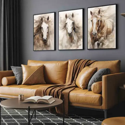 kit 3 quadro decorativo cavalo fazenda animais decor sala escritório com molduras