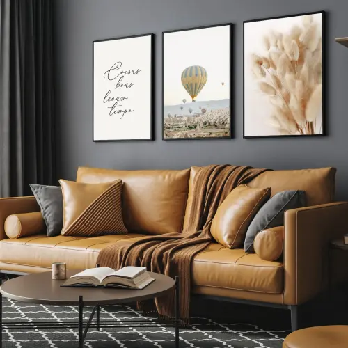 kit 3 quadro decorativo capim dos pampas balão frase folhas de trigo decor sala escritório com molduras