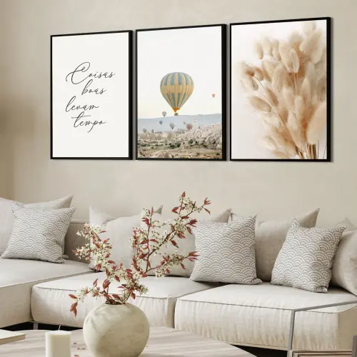 kit 3 quadro decorativo capim dos pampas balão frase folhas de t