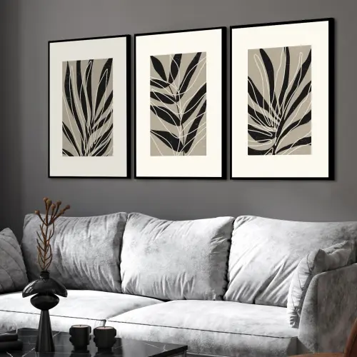 kit 3 quadro decorativo abstrato folhas galhos trio luxo decor sala escritório com molduras