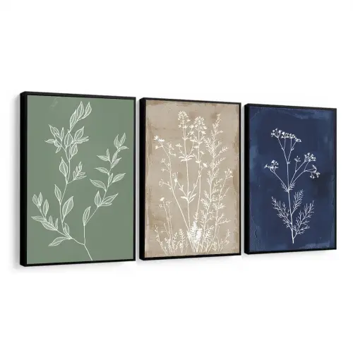 kit 3 quadro decorativo abstrato colorido folhas galhos trio luxo decor sala escritório com molduras