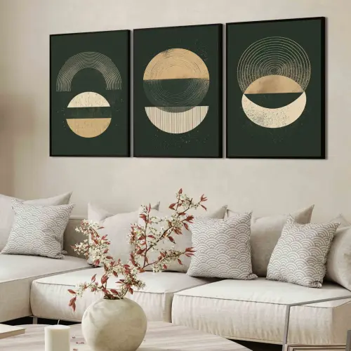 kit 3 quadro decorativo arte sofisticada abstrato verde dourado g