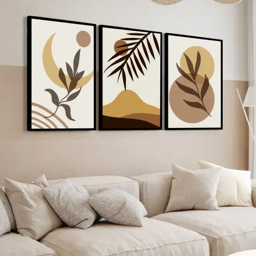 kit 3 quadro decorativo abstrato folhas tons pastéis sala quarto decor casa minimalista moldura