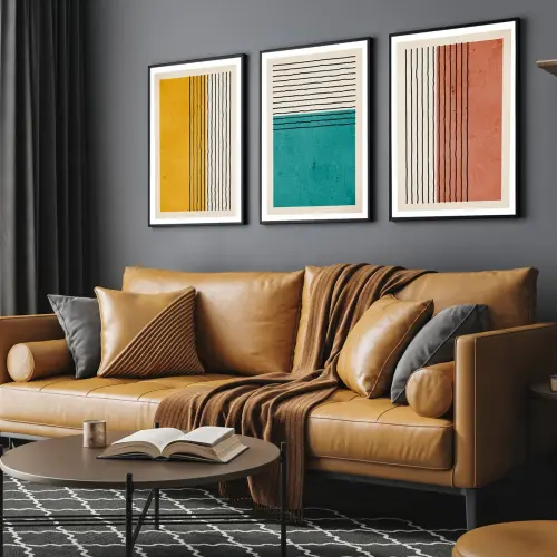 kit 3 quadros decorativos abstrato geométrico colorido trio minimalista com molduras