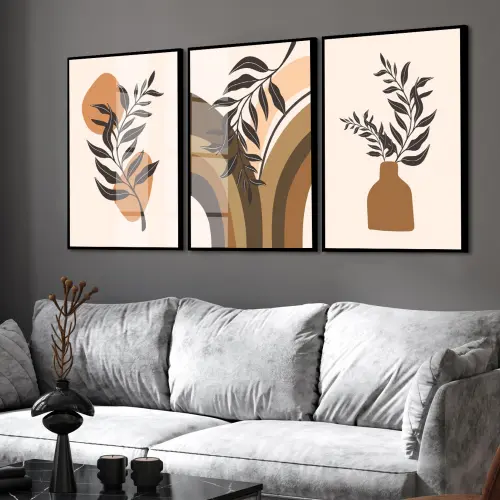 kit 3 quadro decorativo abstrato bege gold folhas vaso trio bege luxo decor sala escritório com molduras