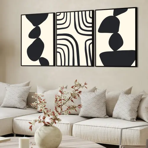 kit 3 quadro decorativo abstrato preto mármore trio luxo decor sala escritório com molduras