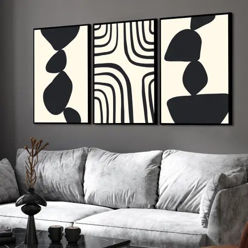 kit 3 quadro decorativo abstrato preto mármore trio luxo decor s
