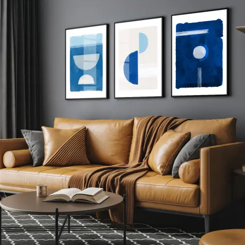 kit 3 quadro decorativo abstrato azul tons azuis gold luxo decor sala escritório com molduras