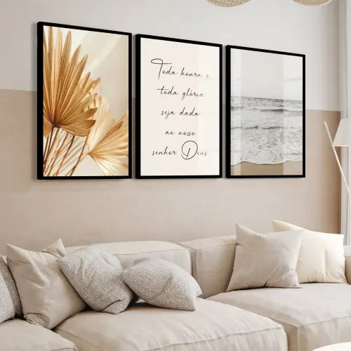 kit 3 quadro decorativo boho capim dos pampas praia boho folhas d