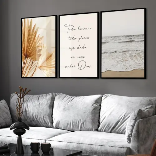 kit 3 quadro decorativo boho capim dos pampas praia boho folhas de trigo decor sala escritório com molduras