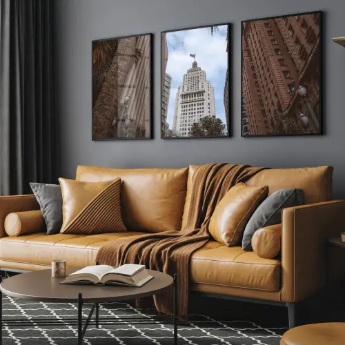 kit 3 quadro decorativo prédios nova york ruas luxo com molduras