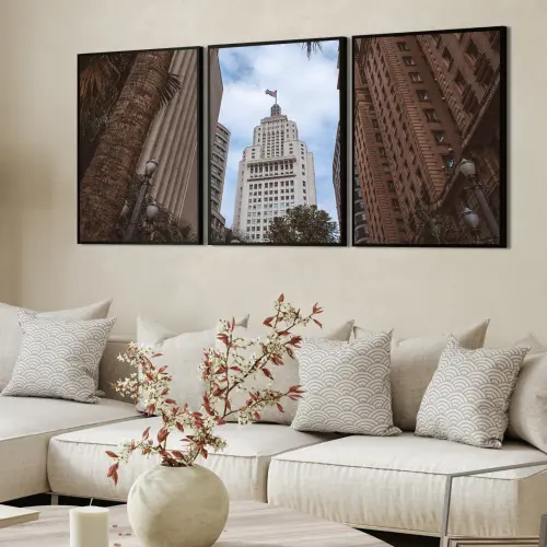 kit 3 quadro decorativo prédios nova york ruas luxo com molduras