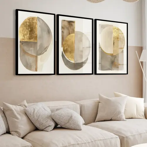 kit 3 quadro decorativo abstrato dourado tons dourados gold ouro minimalista sala decor casa luxo com molduras