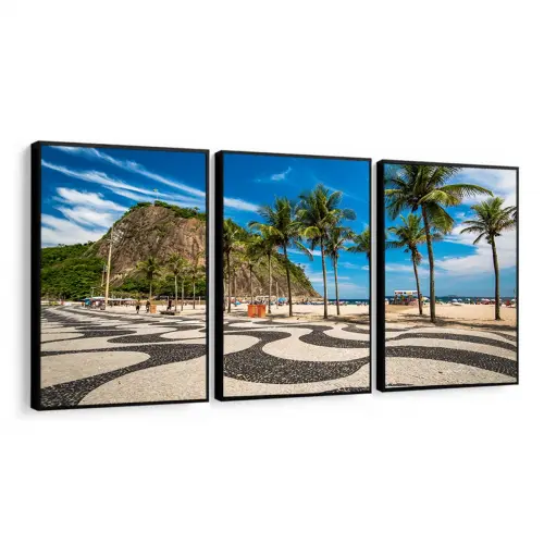 kit 3 quadro decorativo rio de janeiro praia ipanema coqueiros quarto sala hall de entrada carioca com molduras
