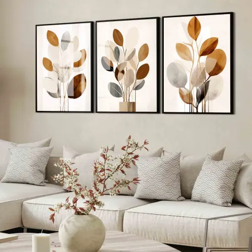 kit 3 quadro decorativo galhos folhas coloridas gold luxo decor sala escritório com molduras