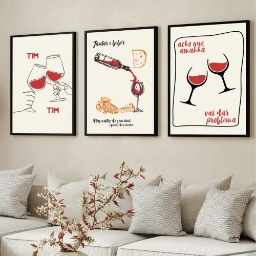 kit 3 quadro decorativo drinks bar bebidas decor para cozinha com