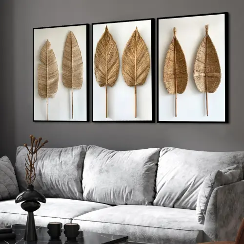 kit 3 quadro decorativo abstrato folhas douradas folhagem dourada luxo decor sala escritório com molduras