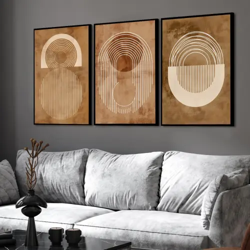 kit 3 quadro decorativo abstrato marrom bege gold claro minimalista  sala decor hall da casa com molduras