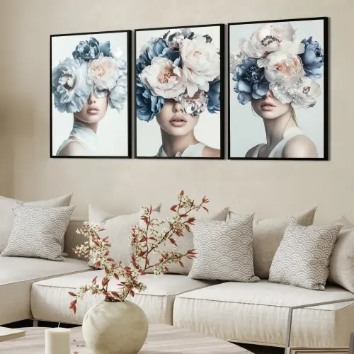 kit 3 quadro decorativo mulheres florida azul fashion gold folhas trio luxo decor sala escritório com molduras