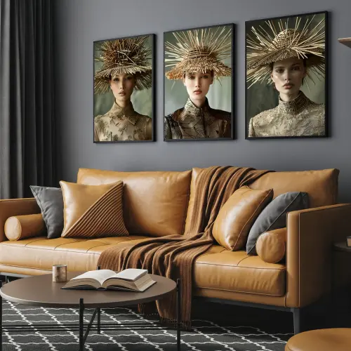 kit 3 quadro decorativo mulheres fashion boho gold folhas trio lu