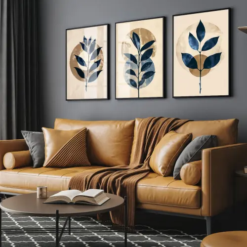 kit 3 quadro decorativo abstrato bege gold folhas vaso fundo bege luxo decor sala escritório com molduras
