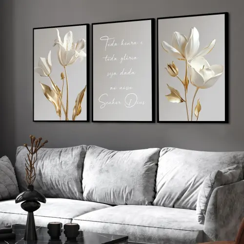 kit 3 quadro decorativo flores brancas folhas tons claros frase positiva decor casa sala quarto com molduras