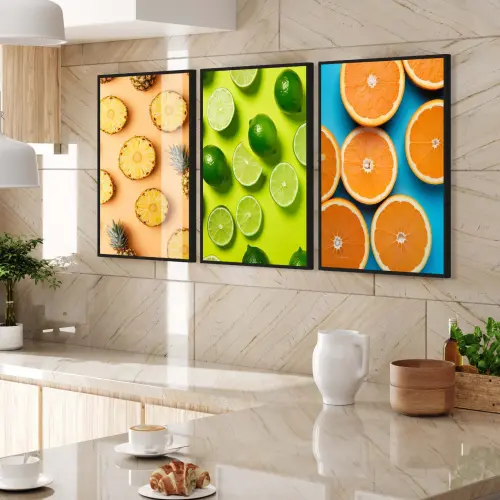 kit 3 quadro decorativo frutas laranja limão abacaxi bar bebidas decor para cozinha com molduras