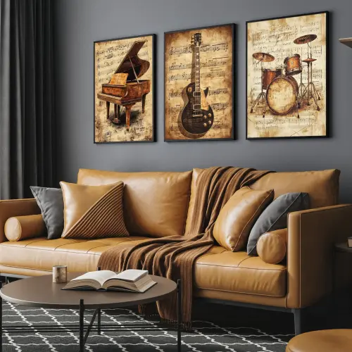 kit 3 quadros decorativos instrumentos musicais piano bateria guitarra música músicos com molduras