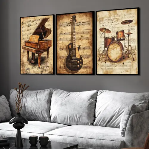 kit 3 quadros decorativos instrumentos musicais piano bateria gui