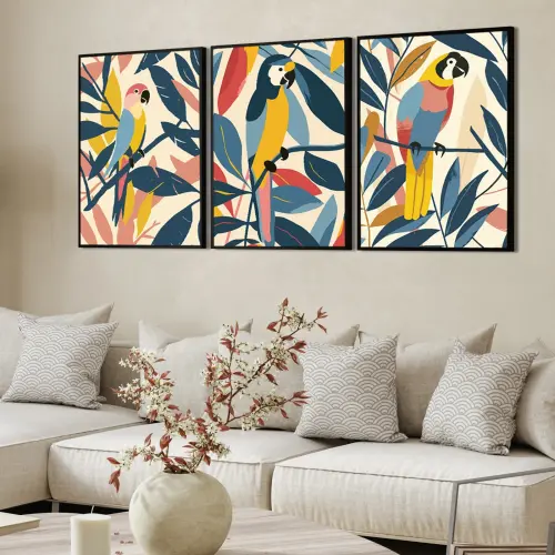 kit 3 quadro decorativo araras pássaros galhos sala quarto decor pousada casa sítio molduras